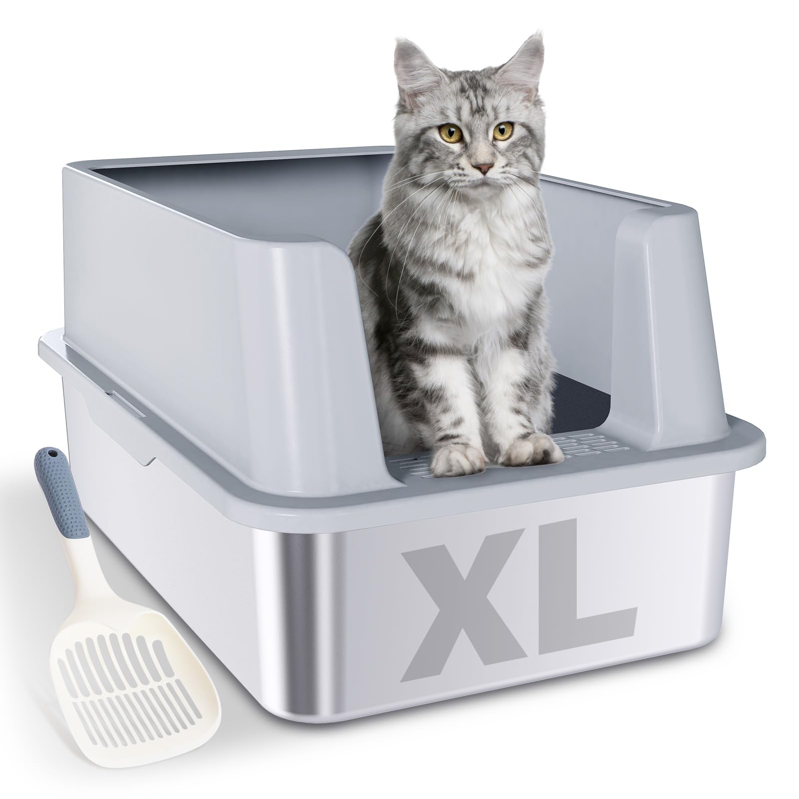 LEGOURNS Stainless Steel Litter Box XL, 24x16x12 Extra Large High Sided Metal Cat Litter Box with Lid and Scooper, Easy Clean, N