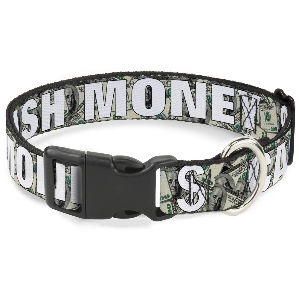 Buckle-Down 15-26'' Cash Money $ Dollars/White Plastic Clip Collar, Large