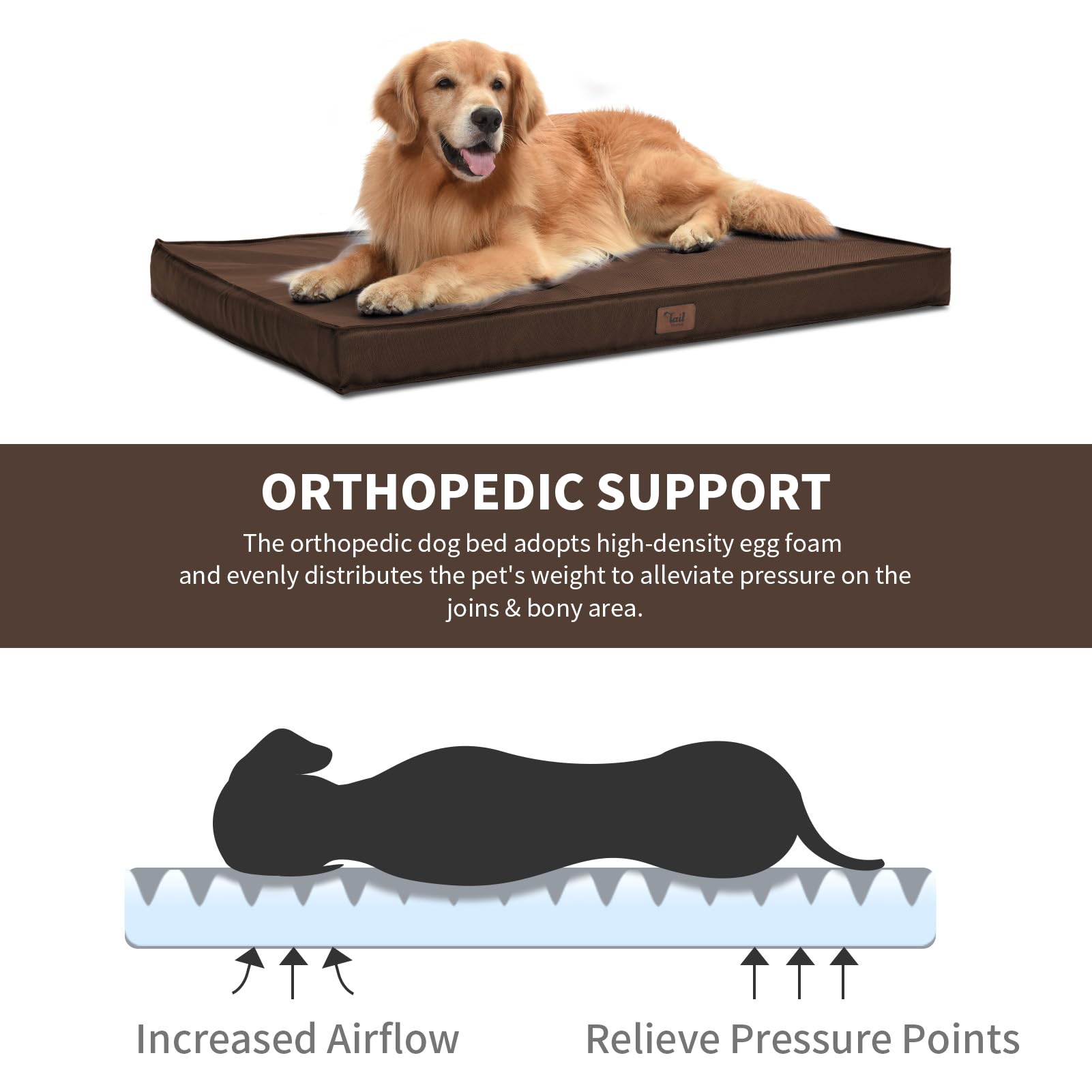 Tail Stories Outdoor Waterproof Dog Bed, Orthopedic Egg Foam, 47"x29"x3.5", Brown, Washable Cover