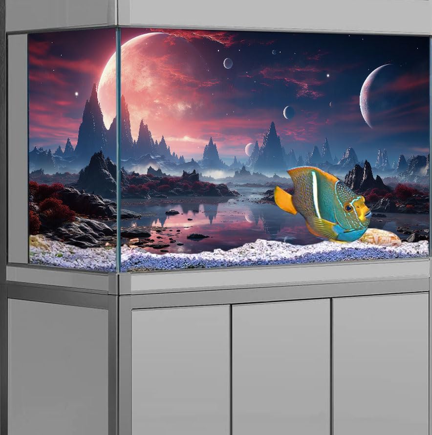 Dtekoj 48X18IN Cosmic Spaceterrarium Background, Cool Parallel Space Themed Aquarium Reptile Habitat Background, Red Moon Aquari