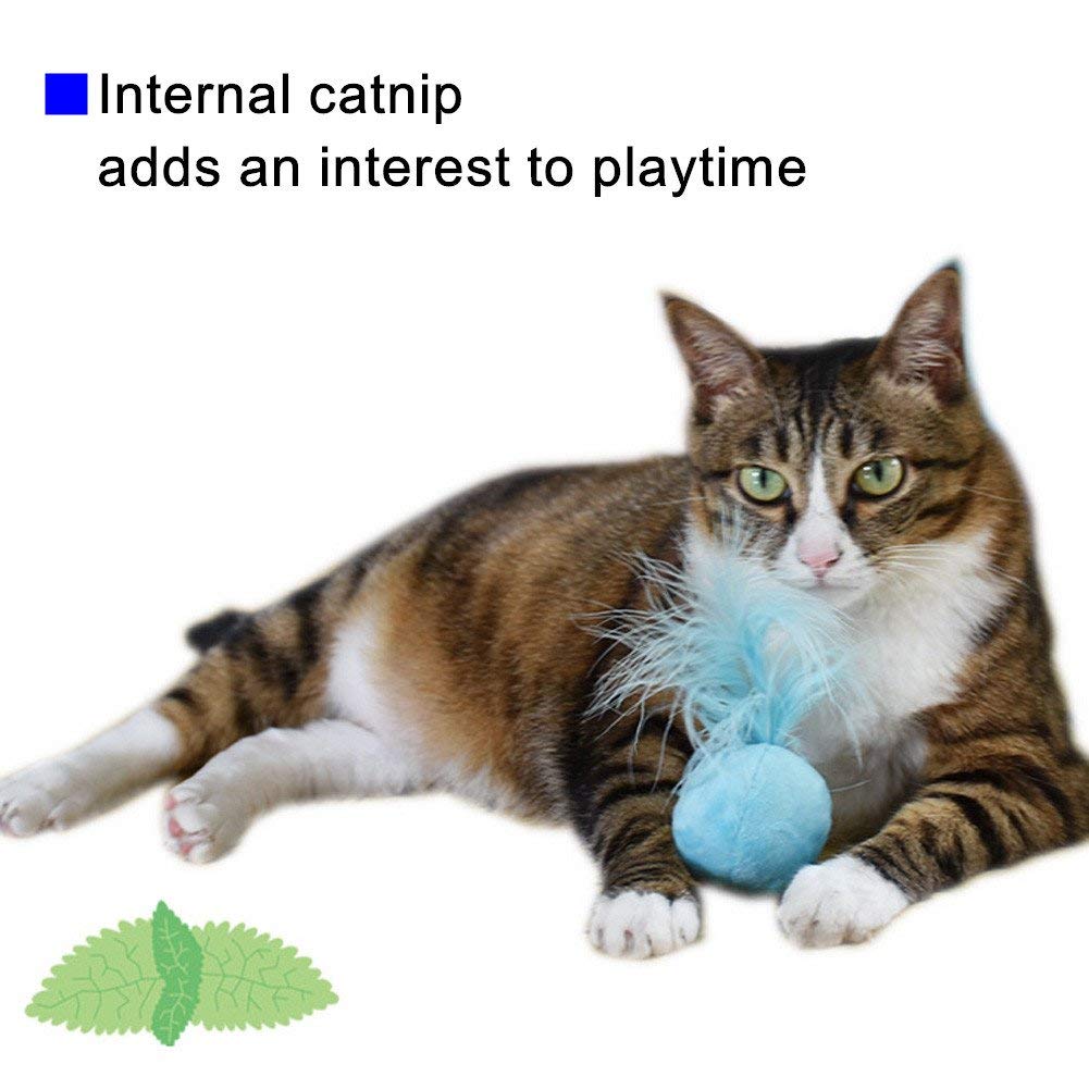 Petfavorites Furry Rattle Ball Cat Toy With Feather And Catnip - Interactive Pom Pom Balls For Cats, Soft And Lightweight, 2 Inch, 3 Pack.