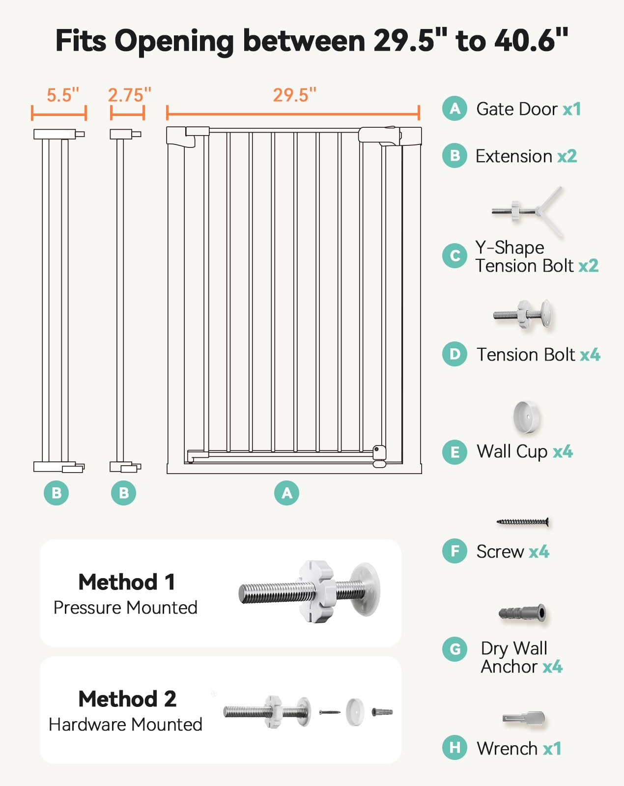 Comomy 36' Extra Tall Baby Gate For Stairs Doorways, Fits Openings 29.5' To 40.6' Wide, Auto Close Sturdy Safety Dog Gate For House, Pressure Mounted Easy Walk Through Pet Gate With Door, White