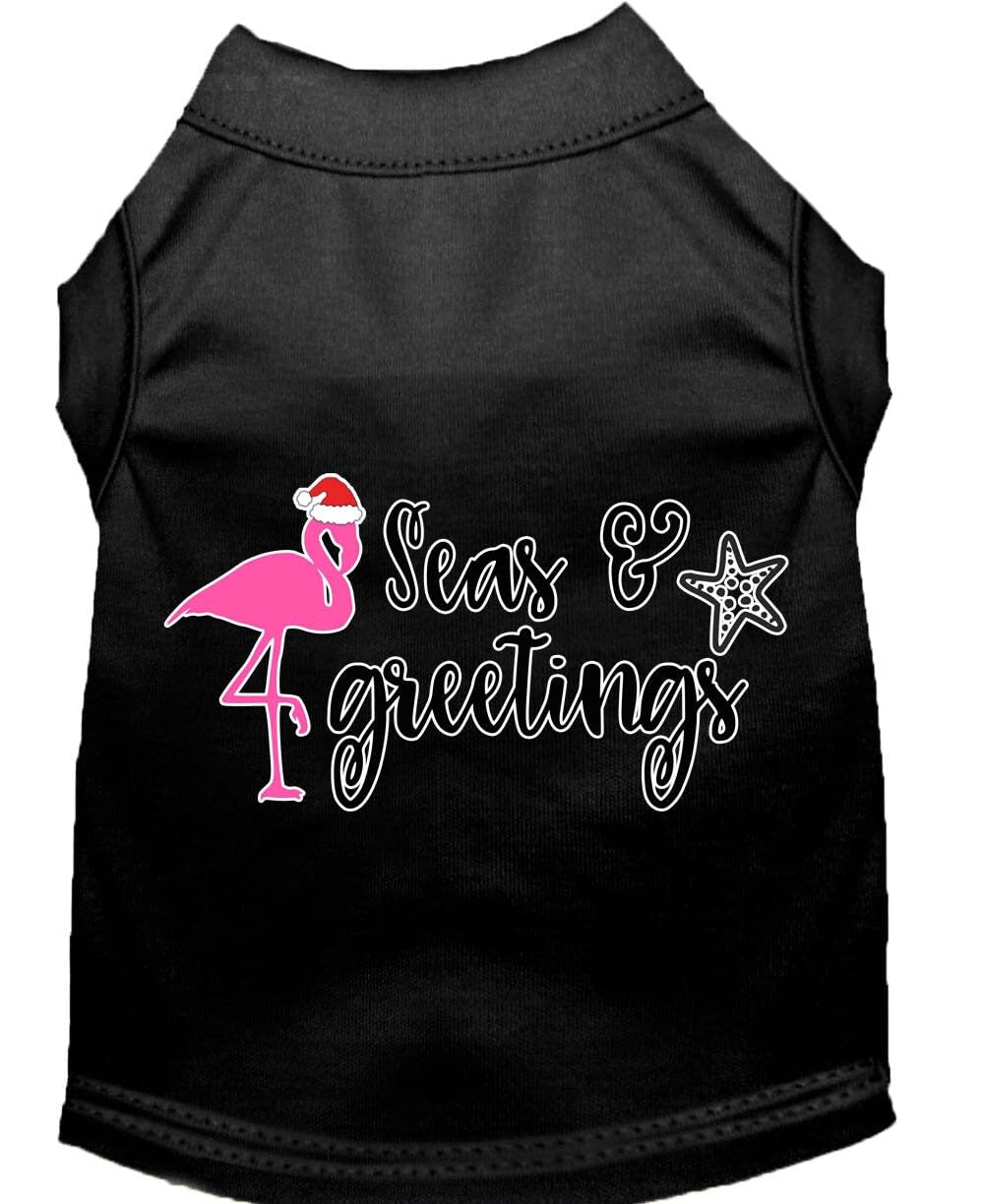 Christmas Pet Dog & Cat Shirt Screen Printed, "Seas and Greetings" Bright Pink SM (3-6 lbs.)