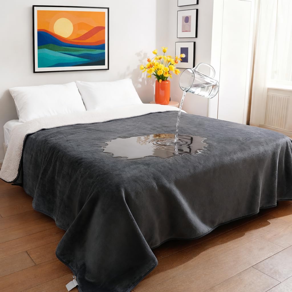 Sunheir Waterproof Blanket for Bed & Couch, Reversible Soft Sherpa Fleece Flannel Throw 60x80, Leakproof Spill-Proof Dog Pet Bla