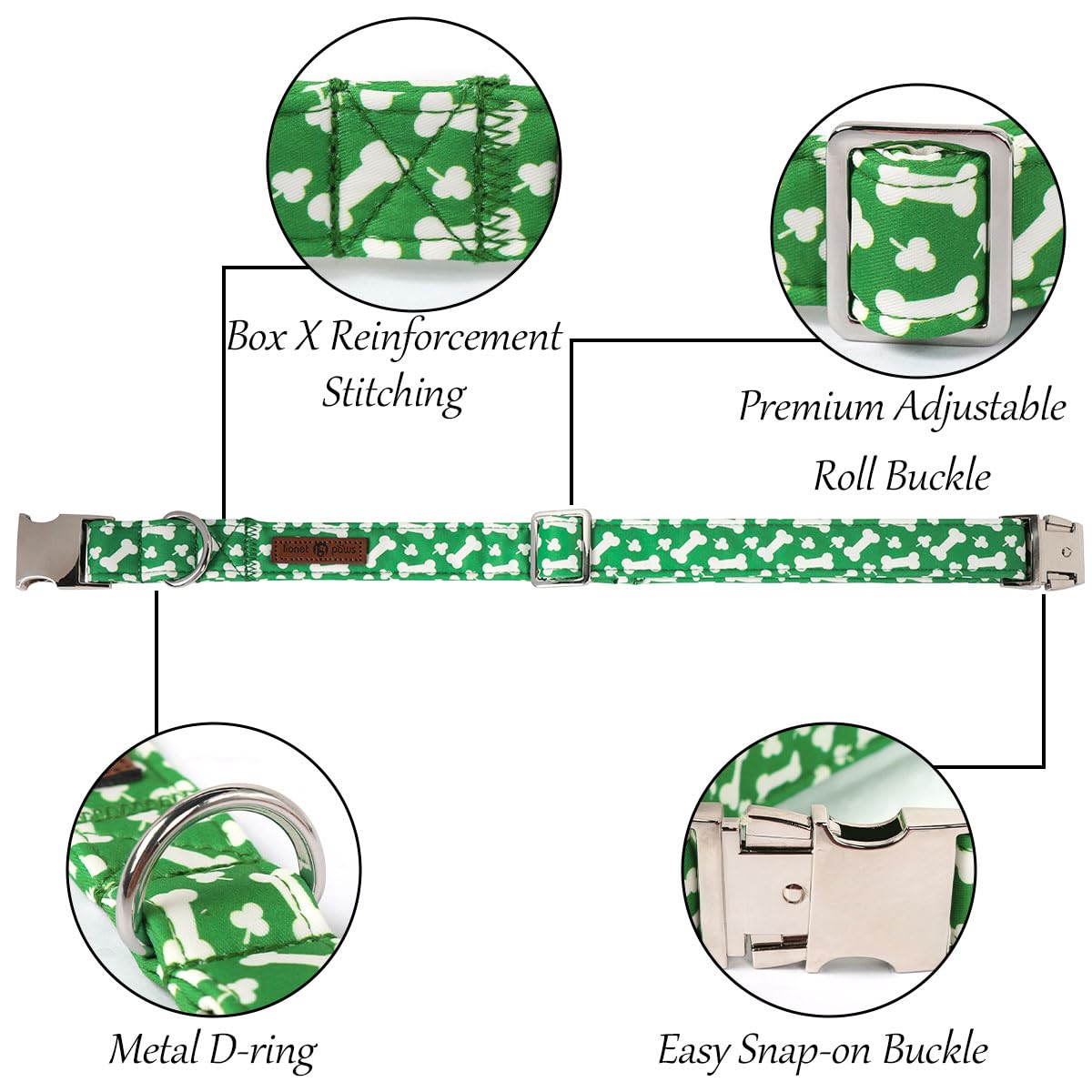 Lionet Paws St. Patrick Green Dog Collar, Bone Dog Collar For Large Dogs, Adjustable Cotton Clover Pet Collars For Medium Large