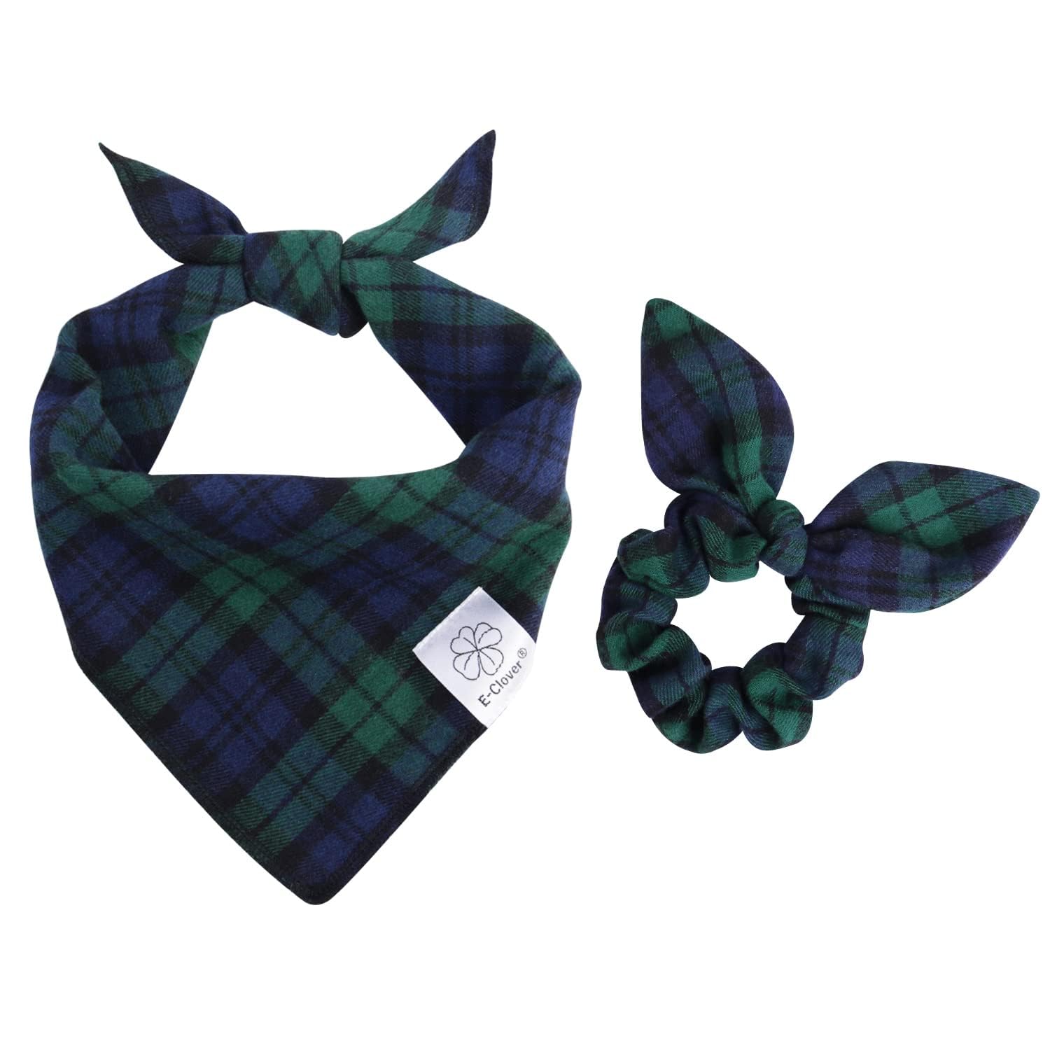 E-Clover Spring Dog Bandanas Boy & Matching Scrunchie Set Plaid Dog Scarf Kerchief For Medium Large Dog Pet Bandana Owner Gifts 
