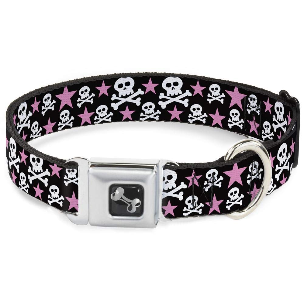 Buckle-Down Dog Collar Seatbelt Buckle Skulls Stars Black White Pink 18 To 32 Inches 1.5 Inch Wide (Dc-W31915-Wl), Large