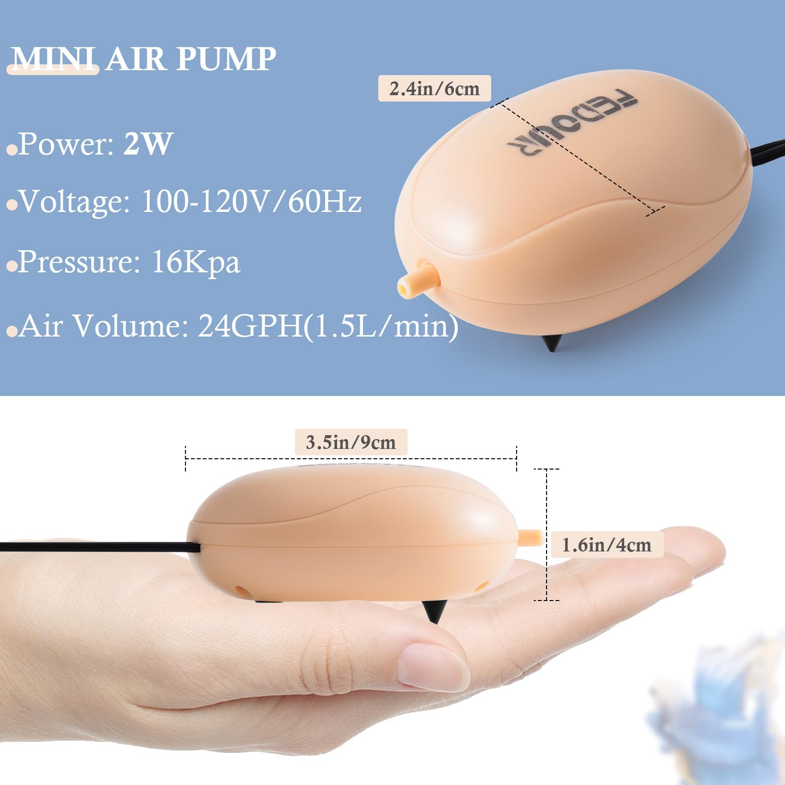 FEDOUR Mini Aquarium Air Pump, Quiet Oxygen Pump for Up to 20 Gallon Tanks, Plastic, Orange, Model 135