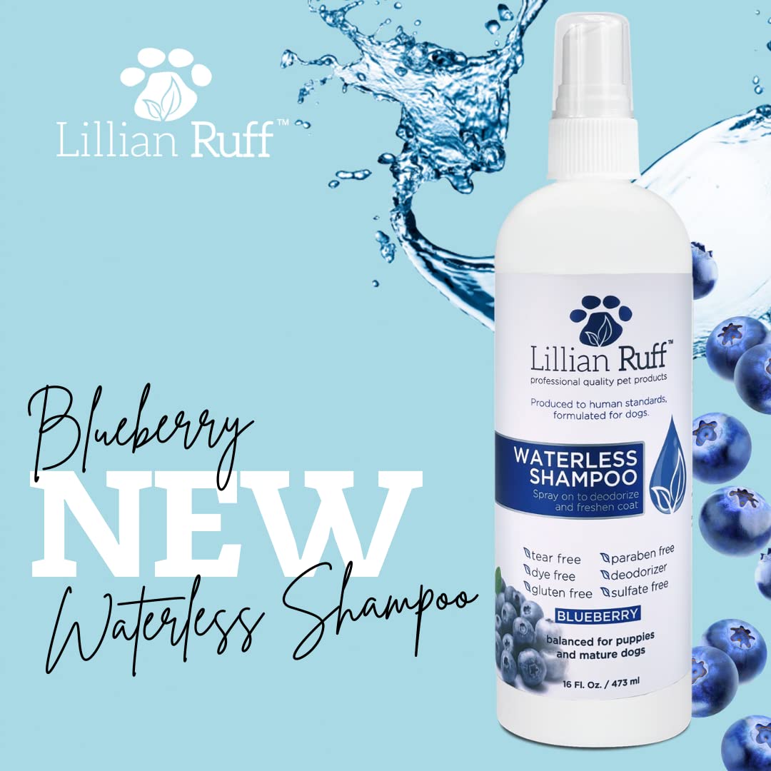 Lillian Ruff Waterless No-Rinse Dog Dry Shampoo Spray With Hydrating Essential Oils - Ph-Balanced Dry Shampoo For Dogs - Clean, Condition, Detangle & Deodorize Dry, Sensitive Skin (Blueberry)