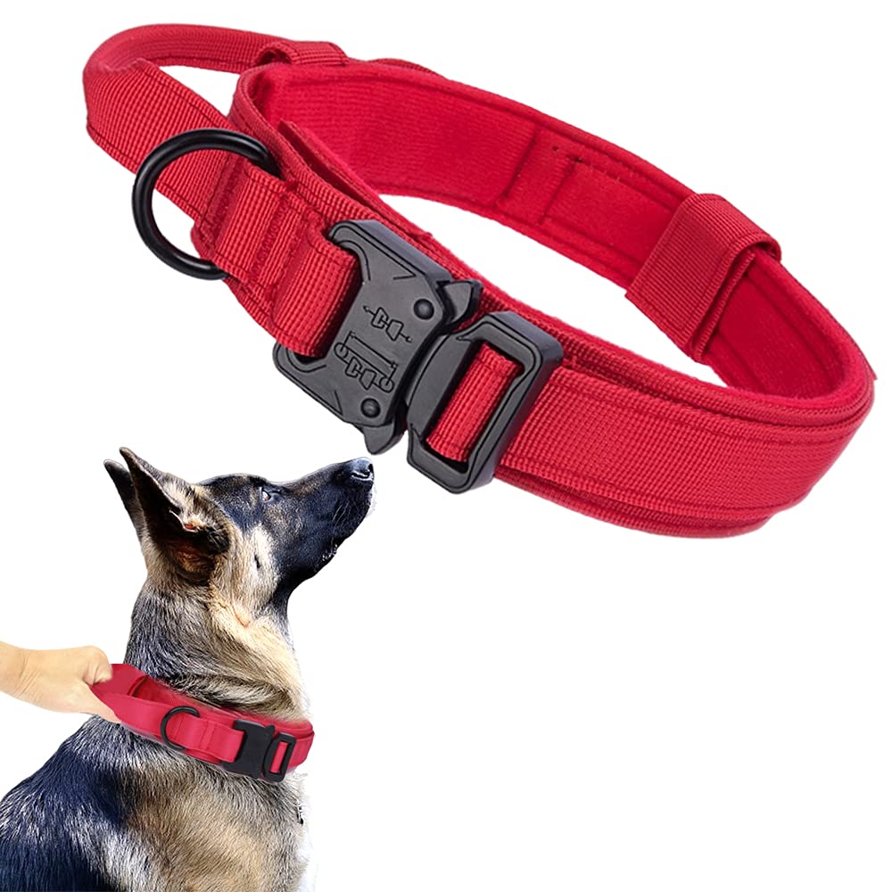 Tactical Dog Collar Military Dog Collar Adjustable Nylon Dog Collar Heavy Duty Metal Buckle With Handle For Dog Training (Red,Xxl)