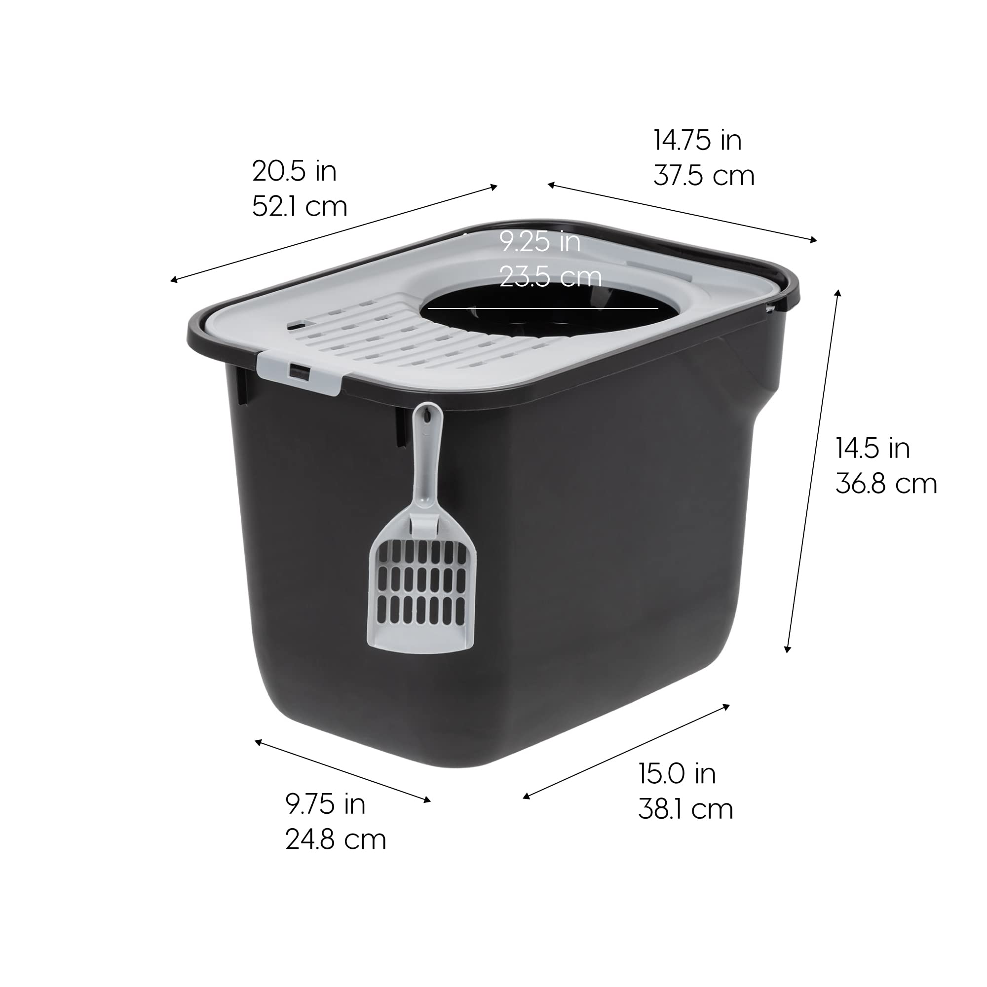 IRIS Square Top Entry Cat Litter Box - Large Plastic Tray with Litter Catching Lid, Black/Gray, Model 589653