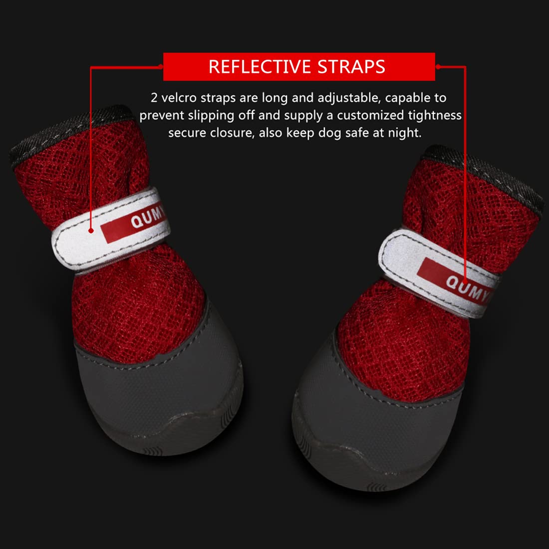 Qumy 2Pcs Small Dog Shoes For Hot Pavement Summer Puppy Dog Booties With Reflective Strip Soft Comfortable Anti-Slip Rubber Sole Red Size 4