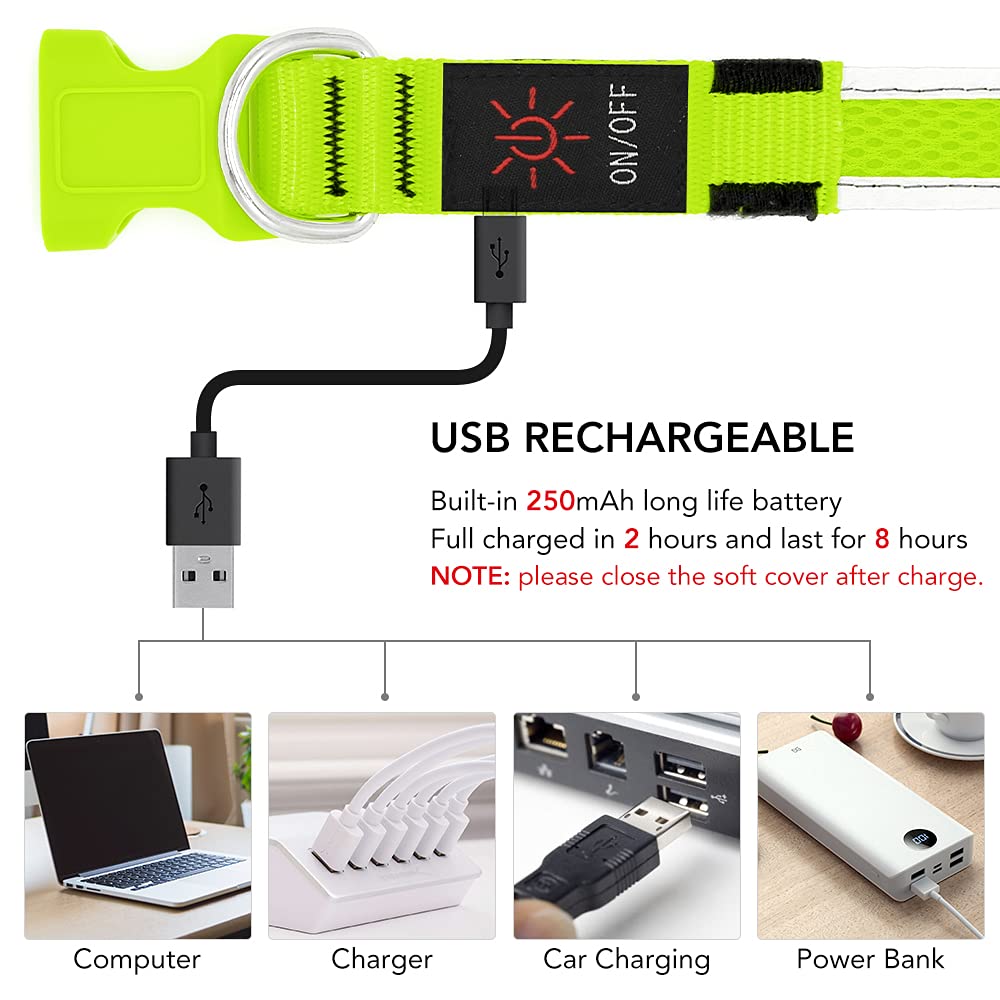 Yfbrite Light Up Dog Collar, Rechargeable Led Dog Collar, Flashing Dog Collar, Adjustable Reflective Dog Collar Safety Glowing At Night (Green, Small)