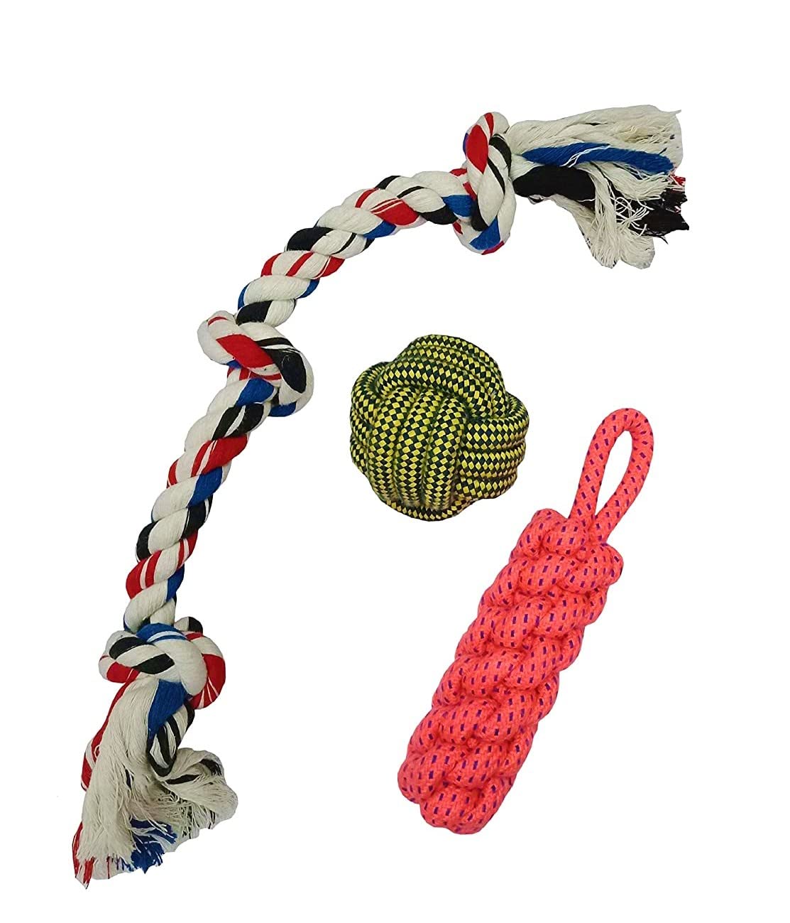 W9 Pet Products Cotton Rope Puppy Chew Toy For Chewing Biting Cleaning And TeethingCombo Of 3Multi Color (3 Knot11 Inch)
