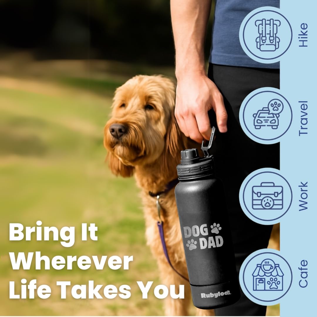 Dog Water Bottle For Dog Dads - 32 Oz Stainless Steel Double Wall Insulated Water Bottle With 8 Oz Detachable Bowl - Ideal Pet L