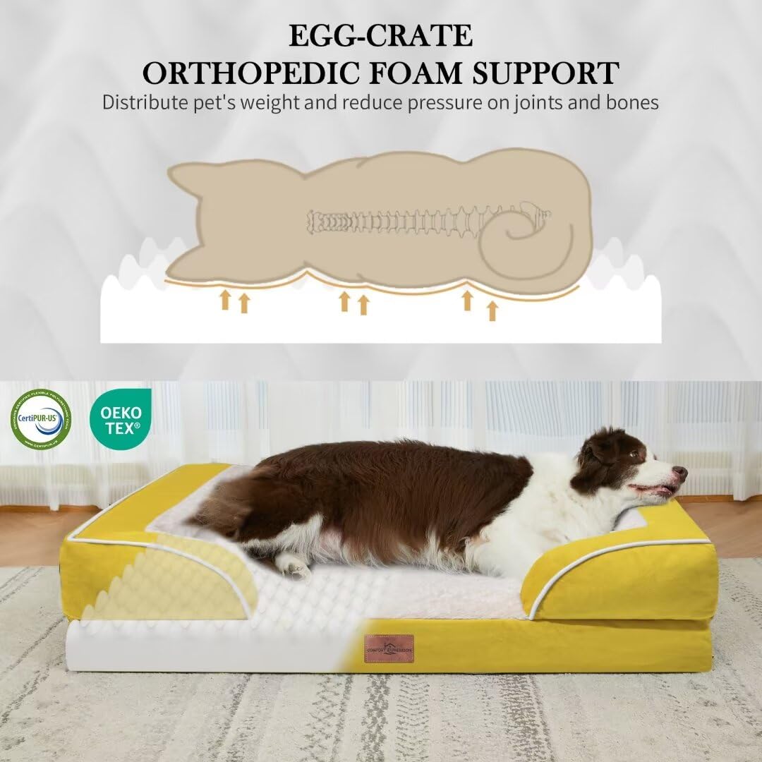 Comfort Expression Orthopedic Xl Dog Beds, Waterproof Extra Large Dog Bed With Bolster, Washable Dog Bed Sofa With Removable Cover & Non-Slip Bottom(X-Large,Spicy Mustard)