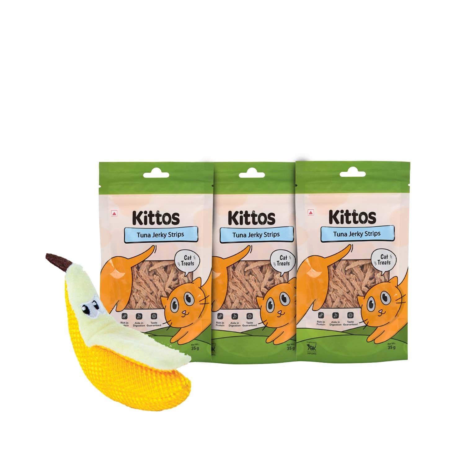 Combo Of Petstages Dental Banana Chew Cat Toy, Teething Toy For Cats With 3 Pack Of Kittos Tuna Jerky Cat Treats, 35 G Each