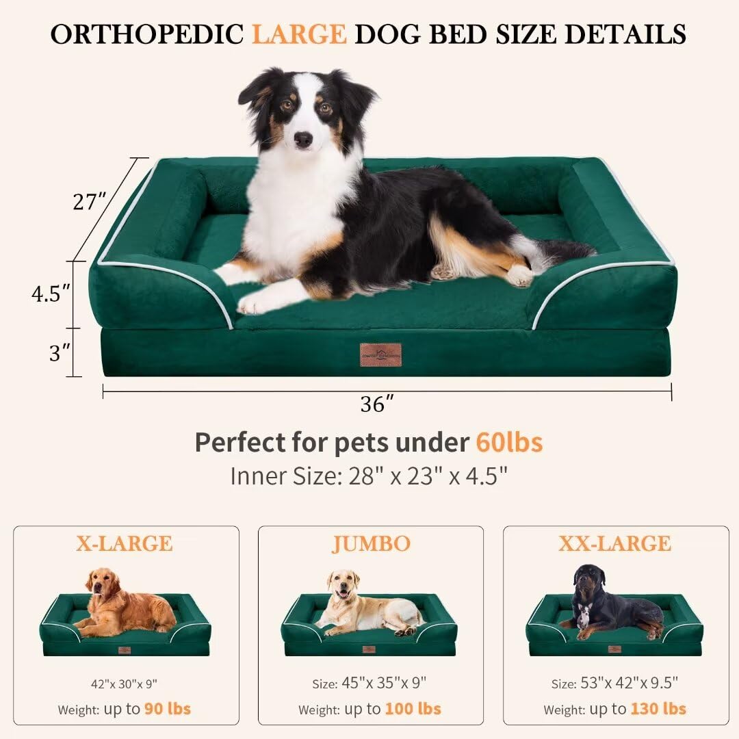 Comfort Expression Orthopedic Large Dog Beds, Waterproof Dog Beds For Large Dogs, Comfy Washable Pet Bed Sofa With Removable Cover & Non-Slip Bottom(Large,Emerald)