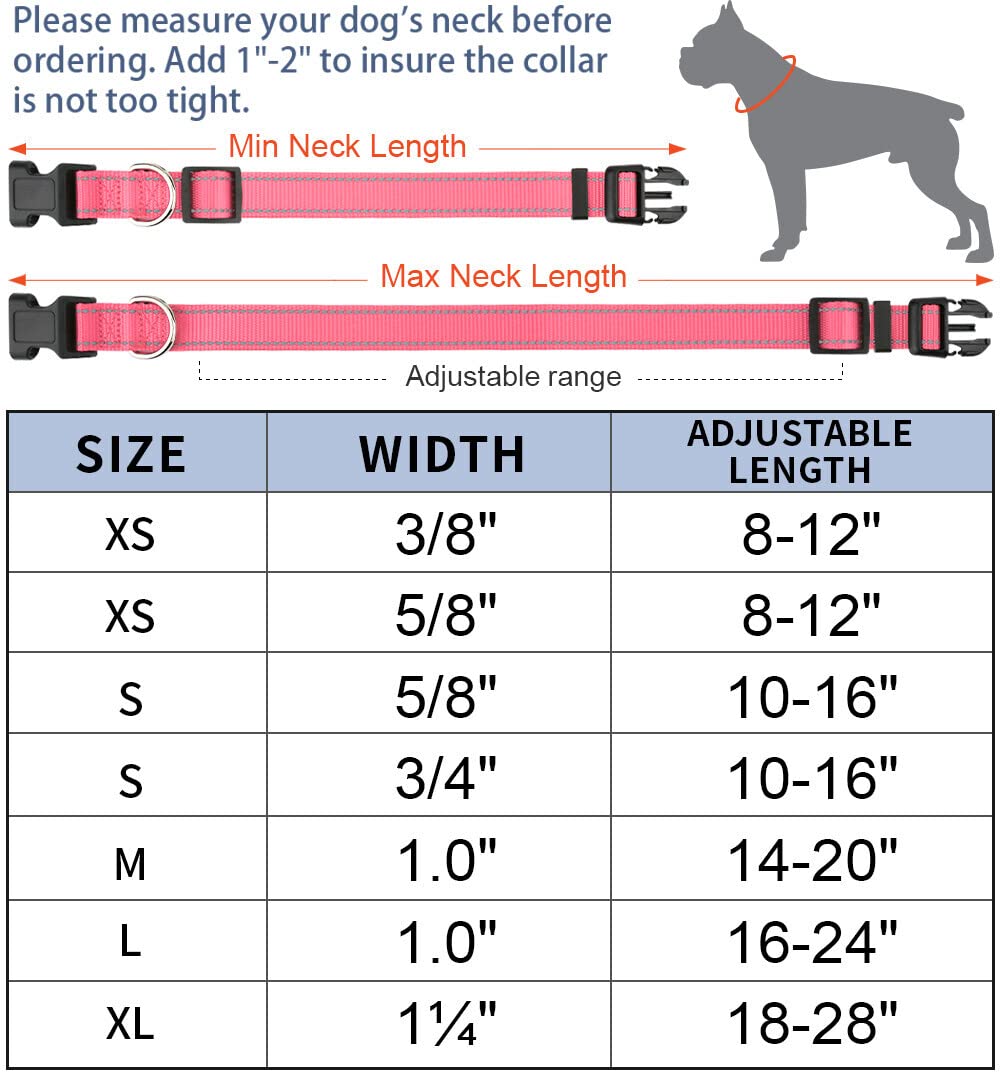Taglory Reflective Adjustable Dog Collars For Puppy Small Medium Large Dogs, Thin Nylon Webbing And Quick Release Plastic Buckle(Noen Pink Medium)