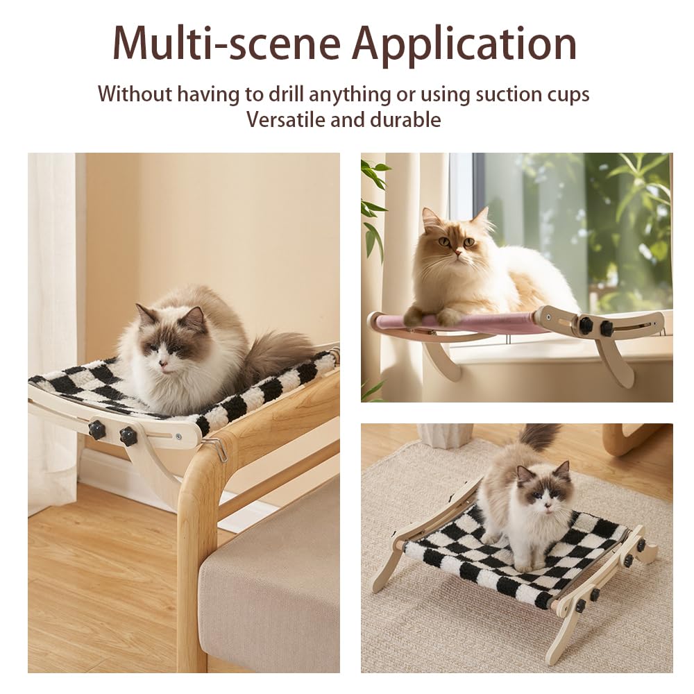 Curtainboro Cat Window Perch, No Screws Easy to Adjust & Assemble, Adjust Wooden Seat for Kitten Bedside Windowsill, Wooden Cats
