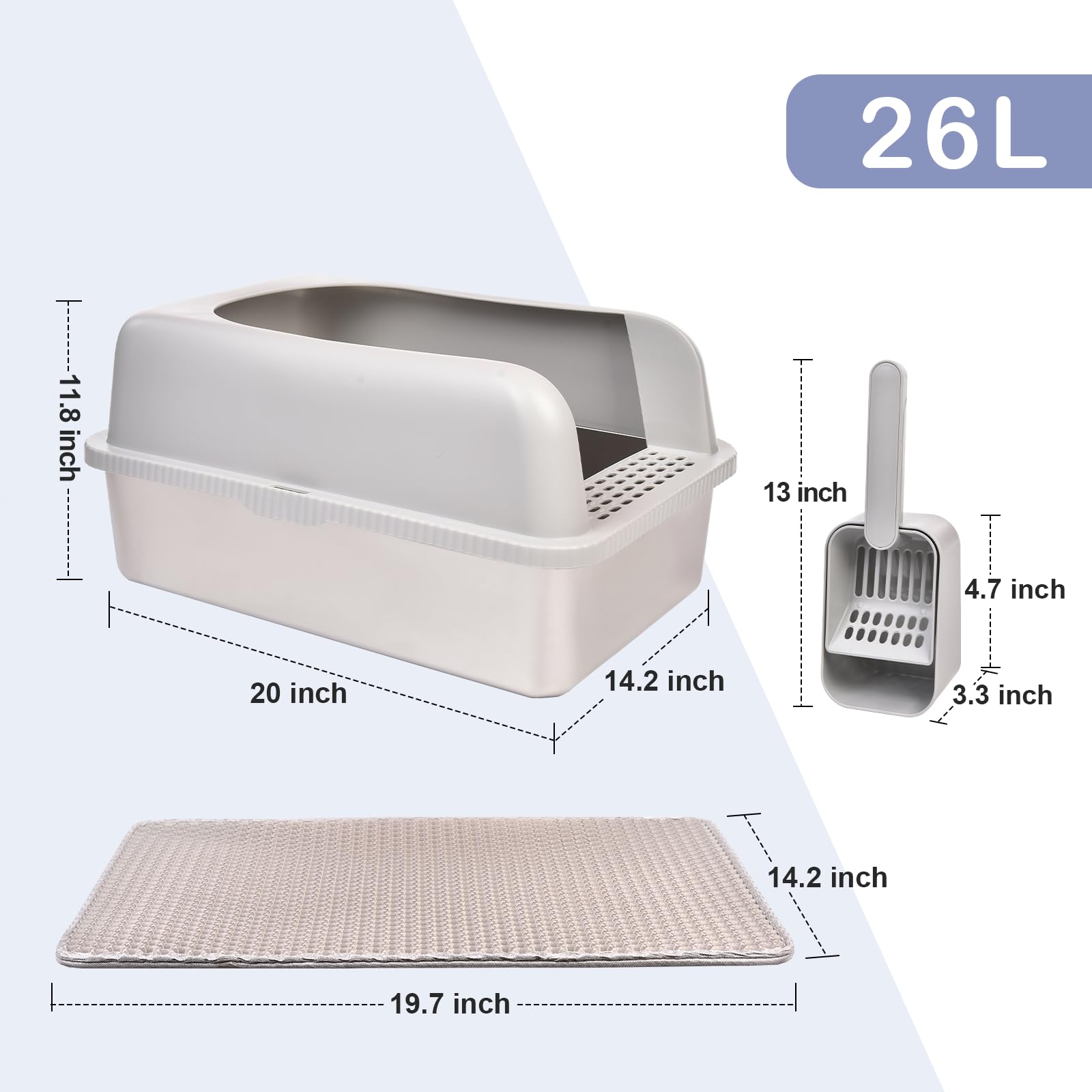 Henkelion Stainless Steel Cat Litter Box, Extra Large 20" x 14.2" x 11.8", Grey, High Sided with Lid, Anti-Urine Leakage,