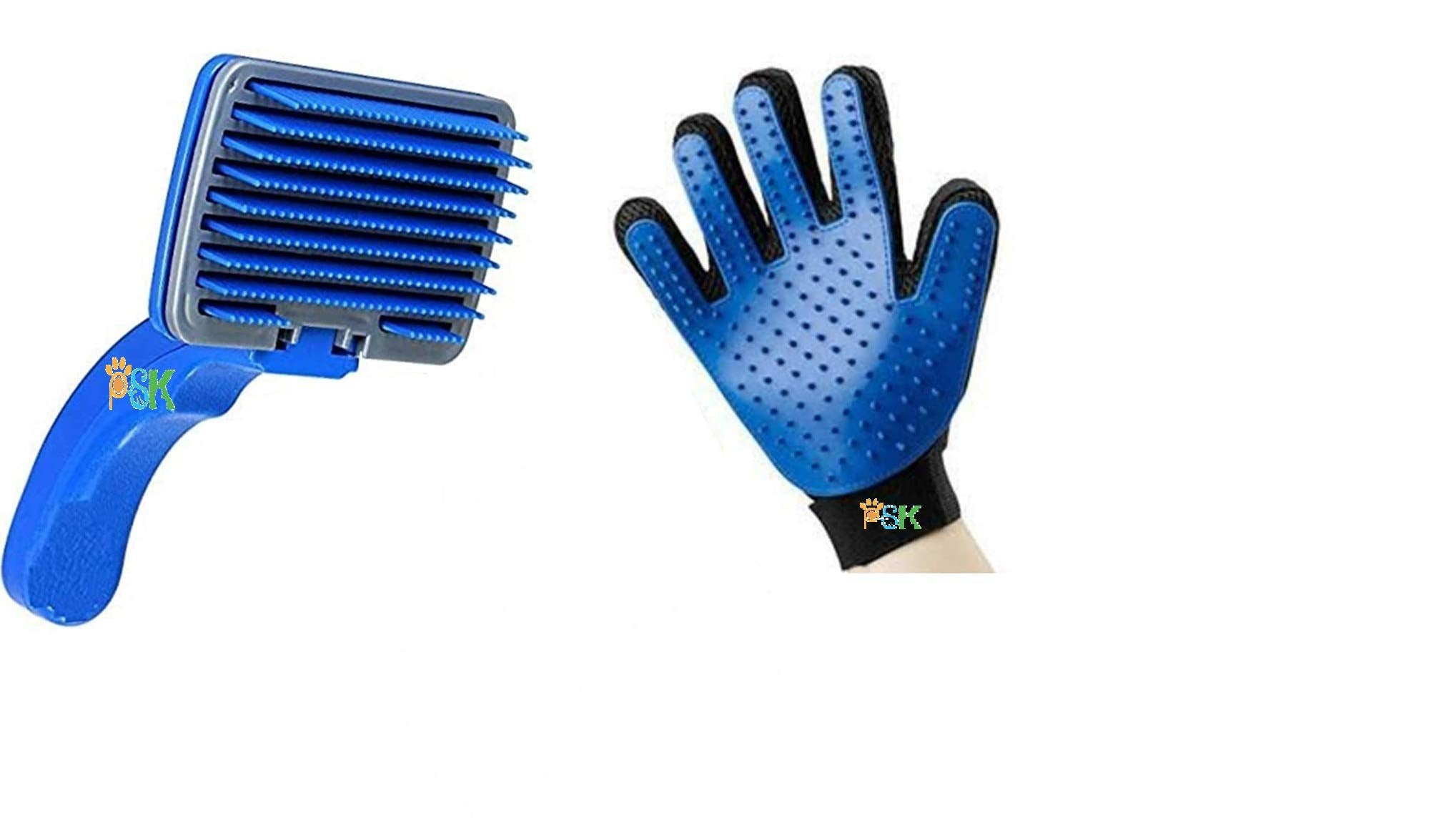 Psk Pet Mart Dogs/Cats Grooming And Deshedding Combo Pack Plastic Slicker Brush And Hair Massager Groomer Glove F