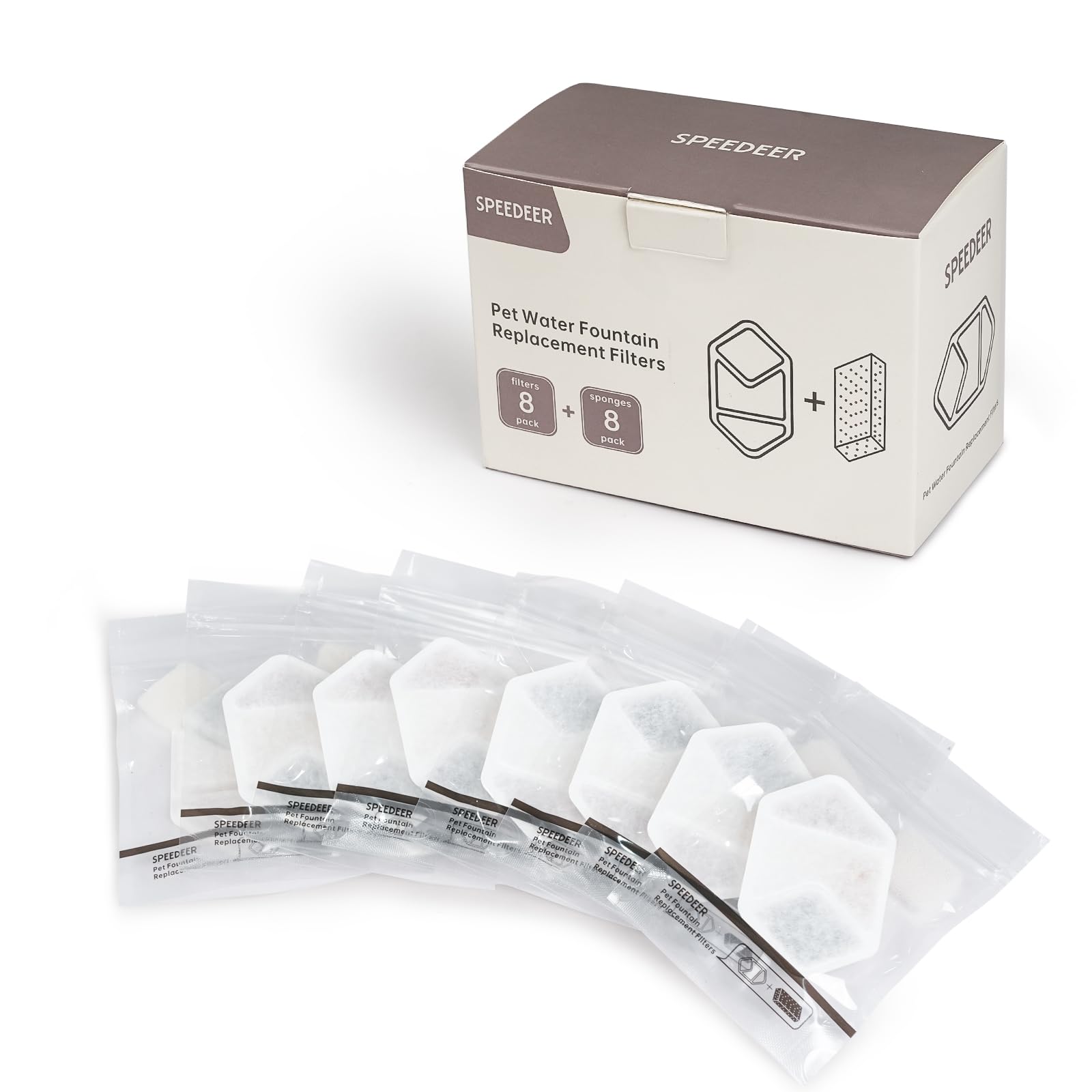 Speedeer Official 8 Packs Replacement Filters & Pre-Filter Sponges for 4L/135oz Wireless Cat Water Fountain ZTI0506