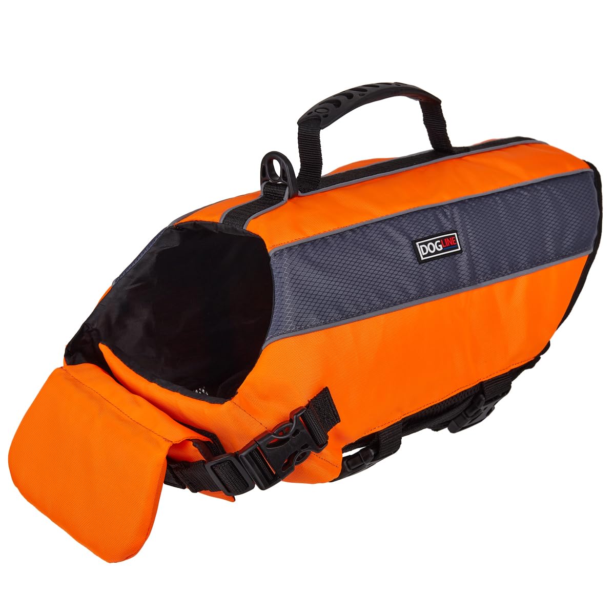 Dogline Dog Life Jacket – Dog Life Vest For Swimming And Boating In Hi-Viz Colors With Reflective Strips Mesh Underbelly For Draining And Drying And Top Carry Handle 26 To 34' Girth Neon Orange