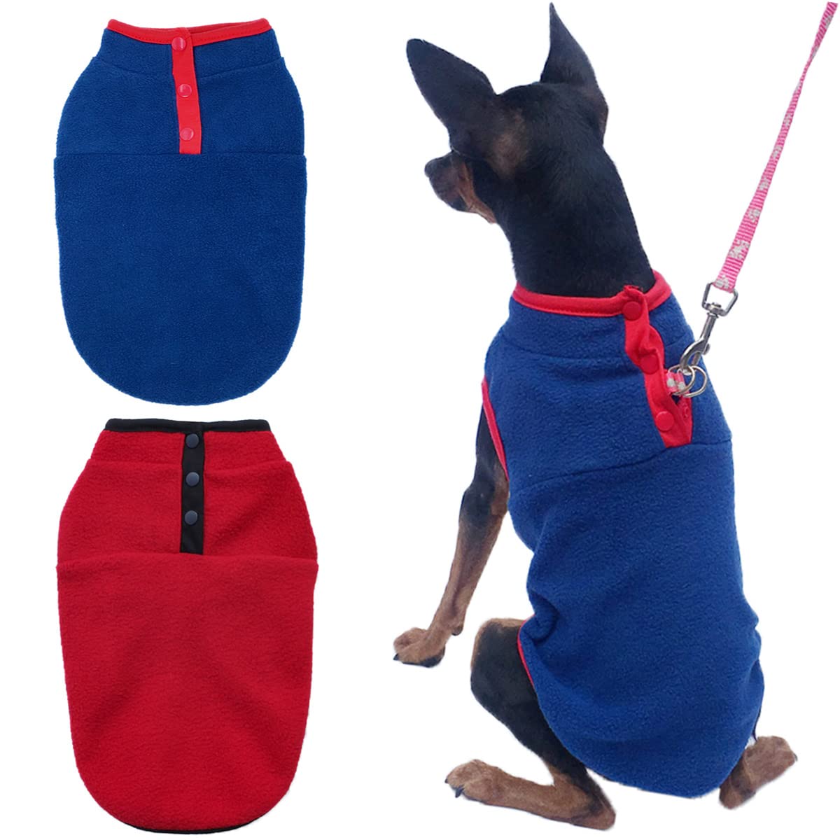 2 Pack Dog Fleece Vest Sweater, Warm Pullover Fleece Puppy Jacket, Autumn Winter Cold Weather Coat Clothes, Pet Stretch Fleece Apparel With Buttons For Small Medium Dogs Cats (Red+Blue, Small)