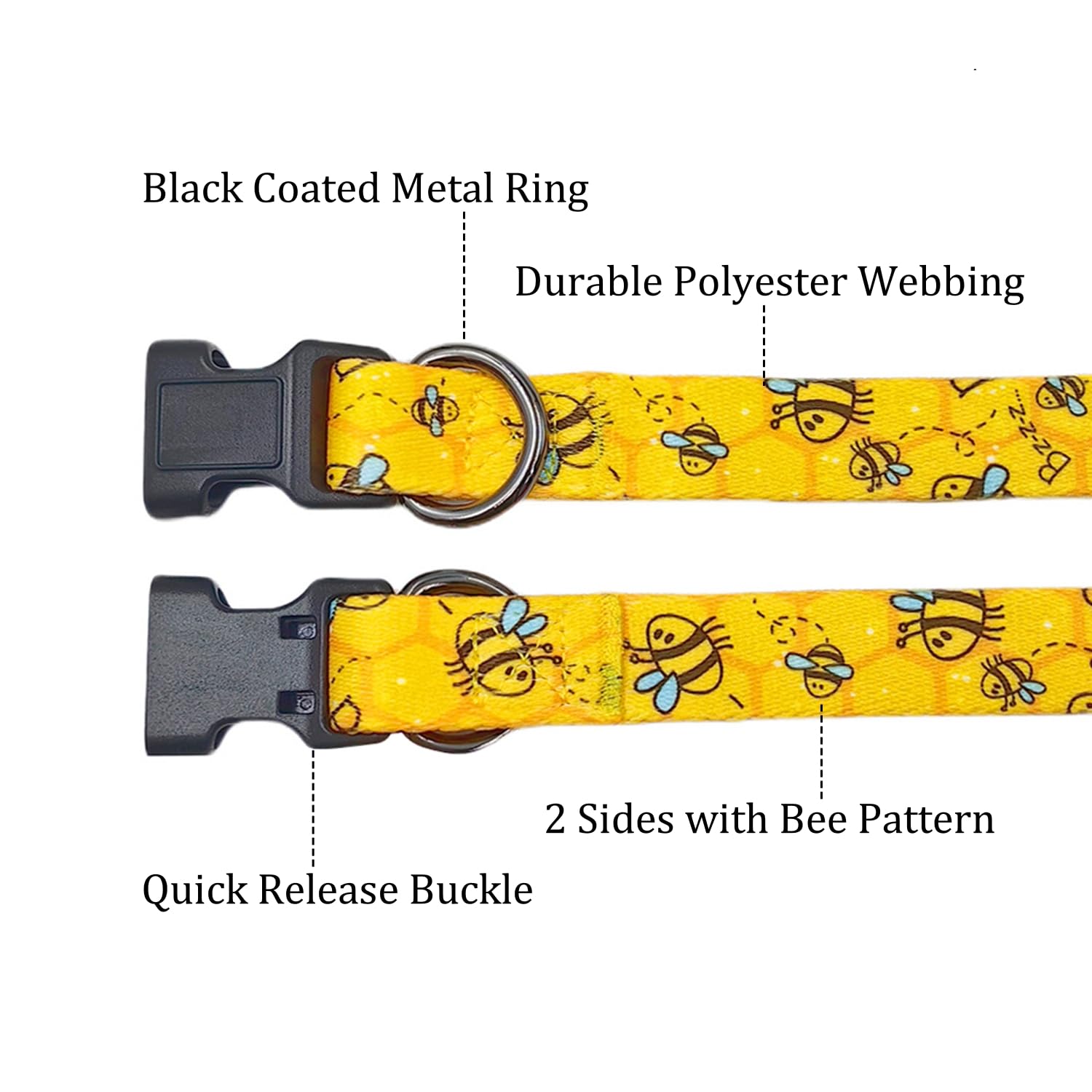Olahibi Basic Dog Collar, Busy Bee Pattern, Polyester Material, 4 For Small Medium Large Dogs.(S, Yellow Bee)