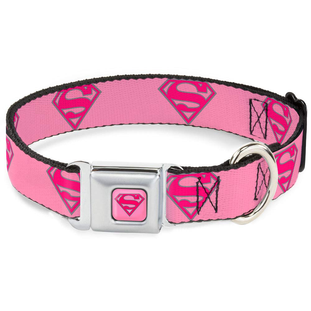 Buckle-Down Dog Collar Seatbelt Buckle Superman Shield Pink, Multi Color, 1.5' Wide - Fits 13-18' Neck - Small (Dc-Wsm006-Ws)