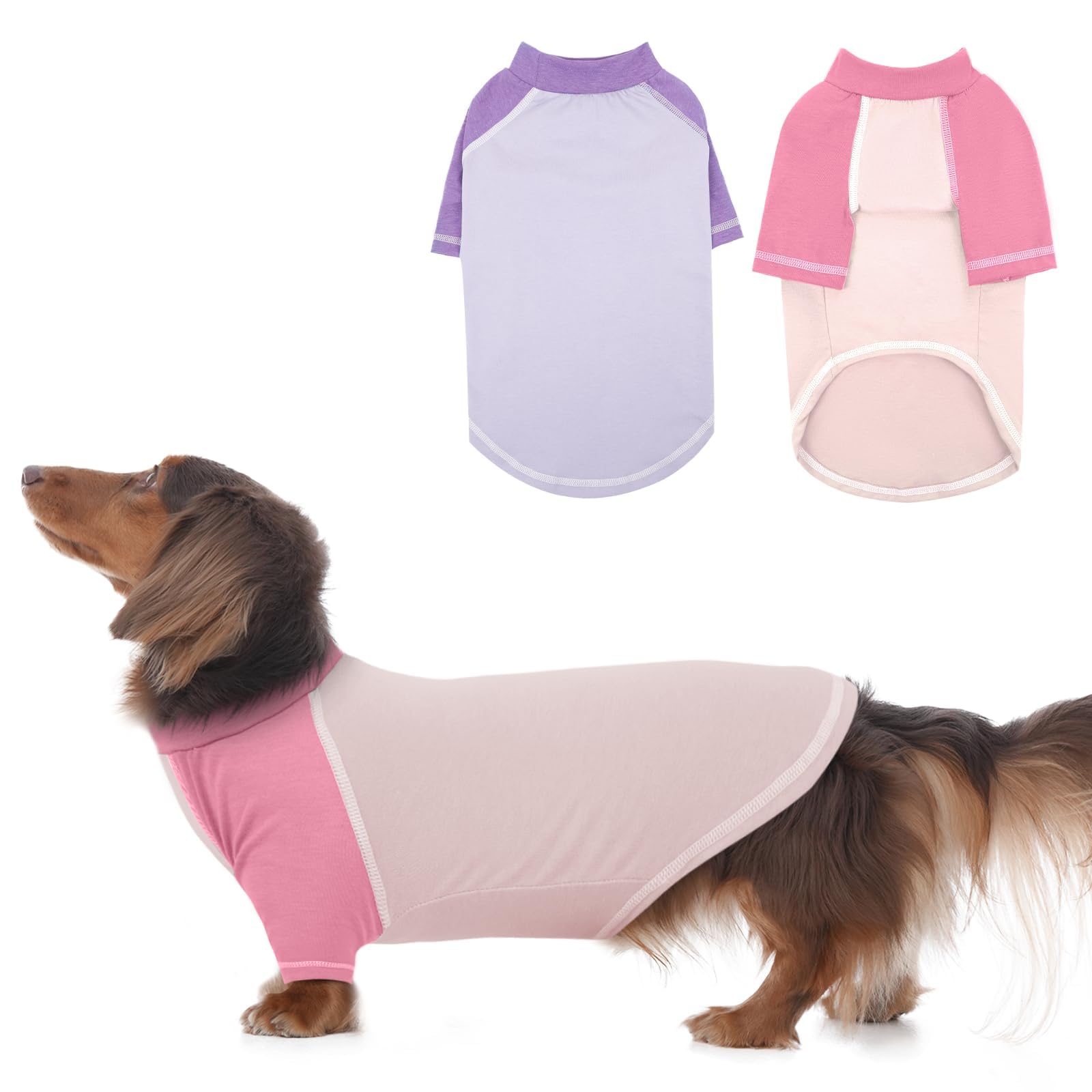 2 Pack Dog T-Shirts, Medium, Pinkpurple, Lightweight & Comfortable Long-Sleeve Summer Pet Tee Shirts, Machine Washable, Protecti