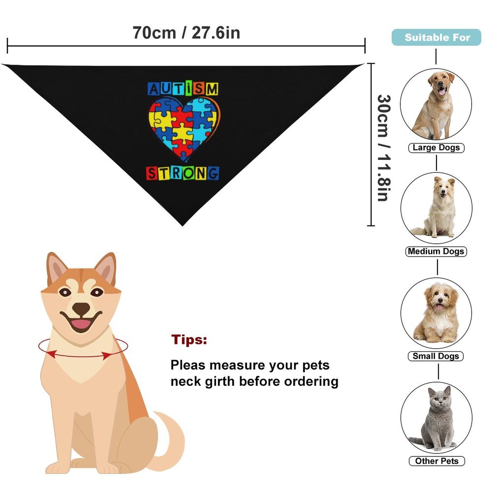 Dog Bandanas Autism Strong Heart Puzzle Piece Awareness Puppy Pet V-Neck Bibs Scarf Triangle Adjustable Kerchief Accessories for