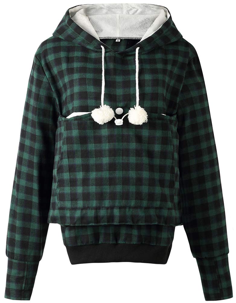 Jomago Womens Pet Carrier Thin Hoodies Kitten Puppy Pouch Shirts Animal Holder Hood Long Sleeve Sweatshirt Plaid Green