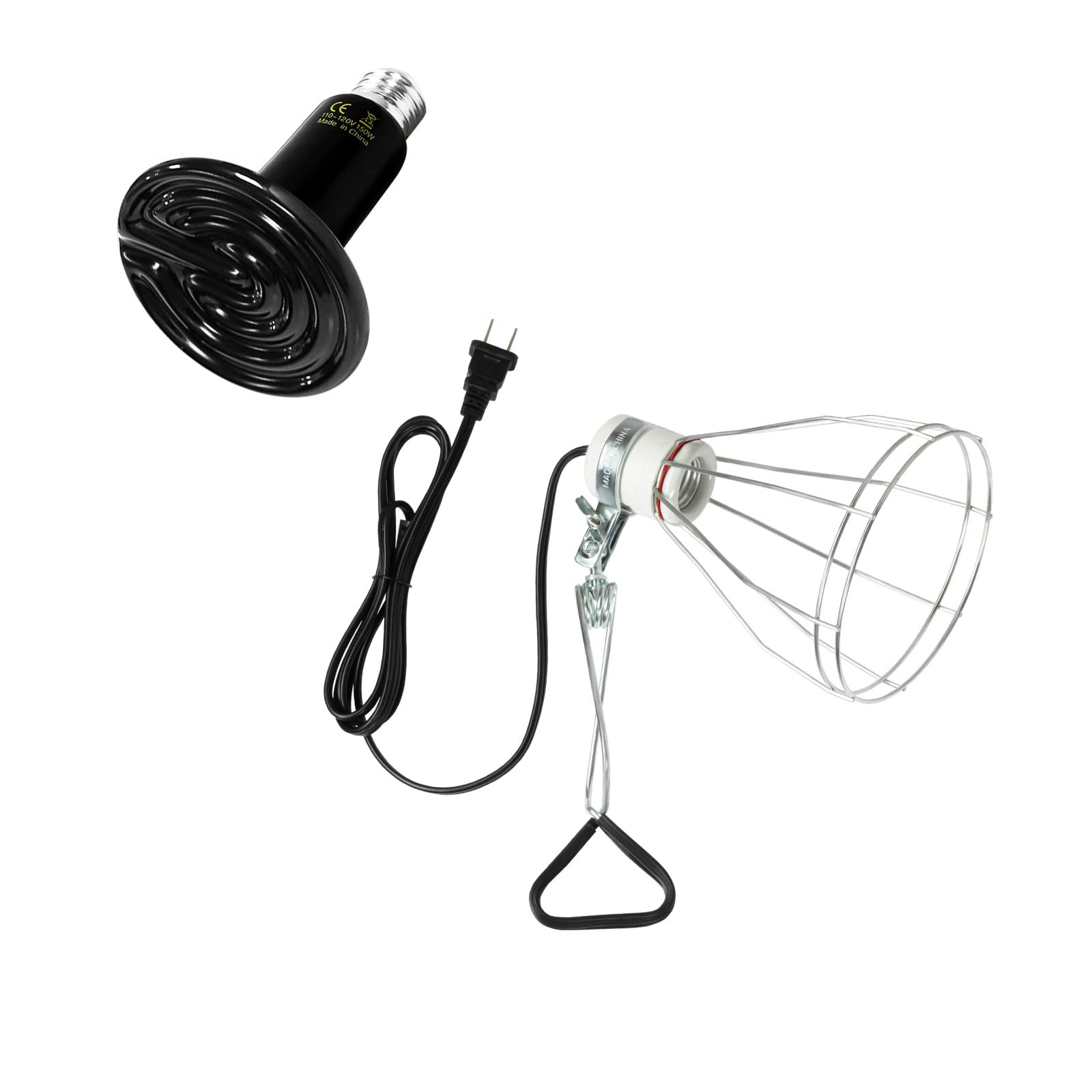 Simple Deluxe Clamp Lamp Light with Steel Cage Wire Grillup and 150W Reptile Ceramic Heat Bulb, E26 Socket, 6' Cord for Amphibia