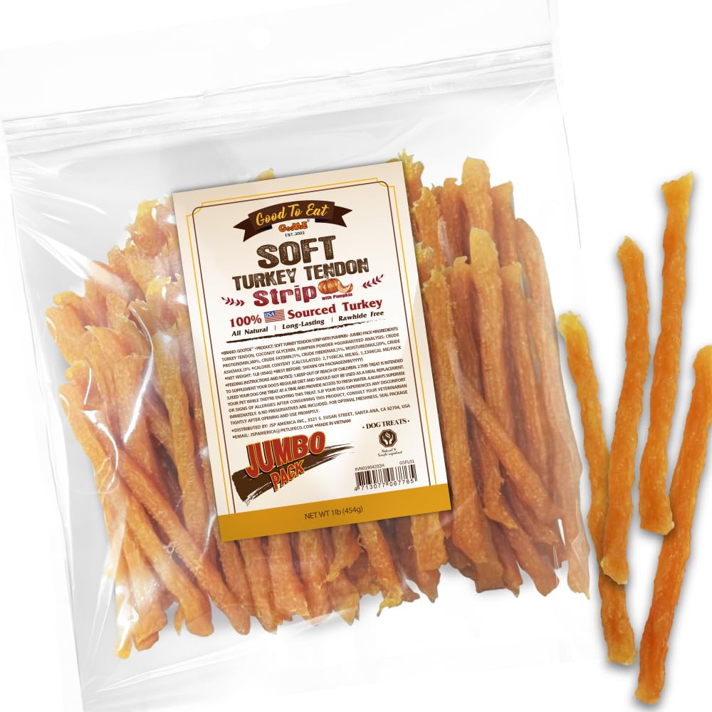 Gootoe Soft Turkey Tendon Stirip with Pumpkin 1 lb, Natural Chewy Snack, USA-Sourced Turkey Tendon, Premium Training Chew, Resea