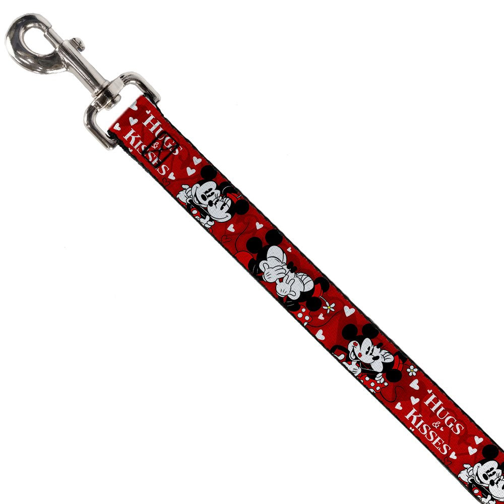 Dog Leash Mickey Minnie Hugs Kisses Poses Reds White 4 Feet Long 1.0 Inch Wide