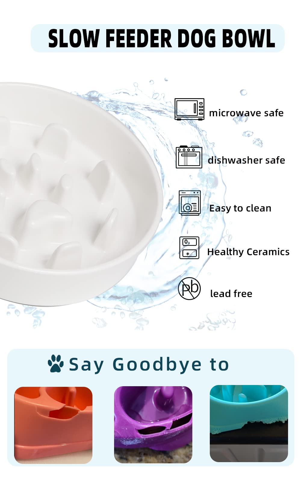 Slow Feeder Dog Bowls, Ceramic Fun Slow Eater Bowl For Small Medium Breed (White)