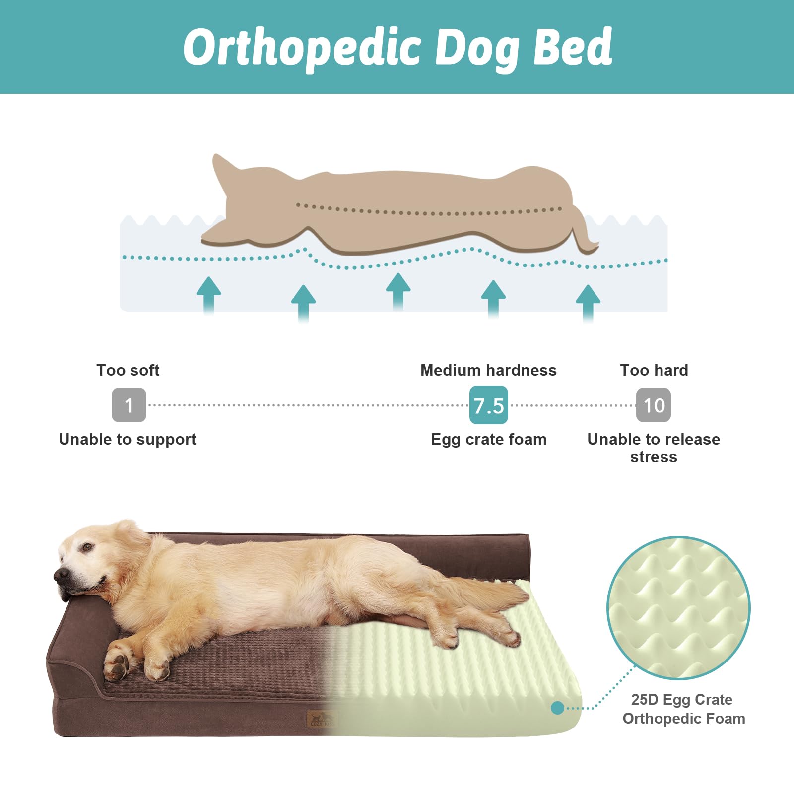 Cozy Kiss Orthopedic Dog Bed For Large Dog, Pet Couch For Medium Dog Cat, Big Supportive Foam Bolster Sofa With Waterproof Linin