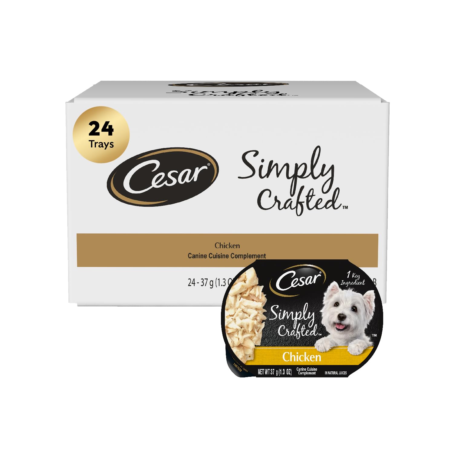 Cesar Simply Crafted Adult Wet Dog Food Toppers for Dry Food, Chicken, 1.3 oz Tubs, 24 Count