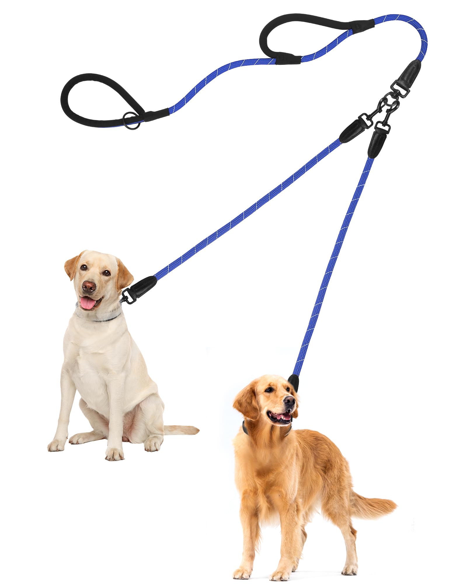 Petbonus Rope Double Dog Leash, No Tangle Dual Leash, Reflective Walking Training Lead With Two Comfortable Padded Handles, Lead
