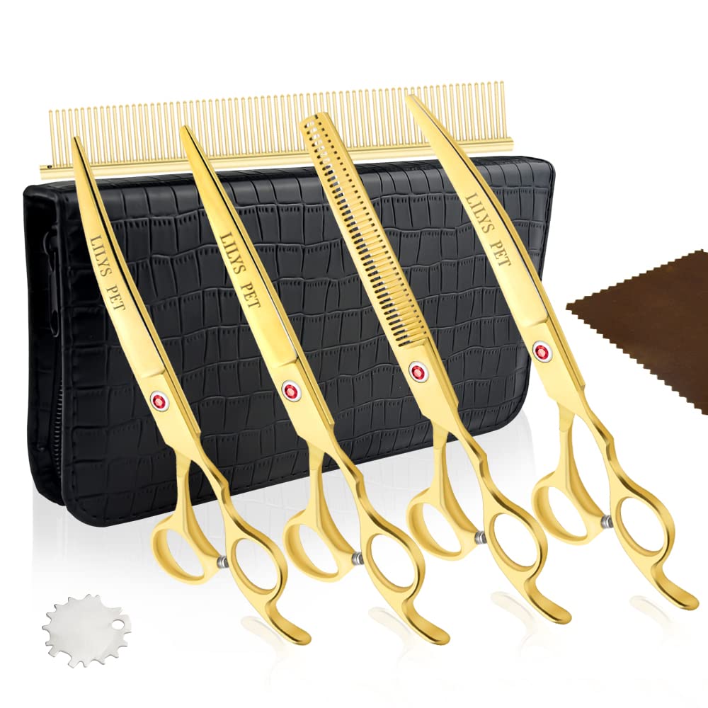 LILYS PET Professional PET DOG Grooming Coated Titanium scissors suit Cutting&Curved&Thinning shears (7.0 inches, Gold)