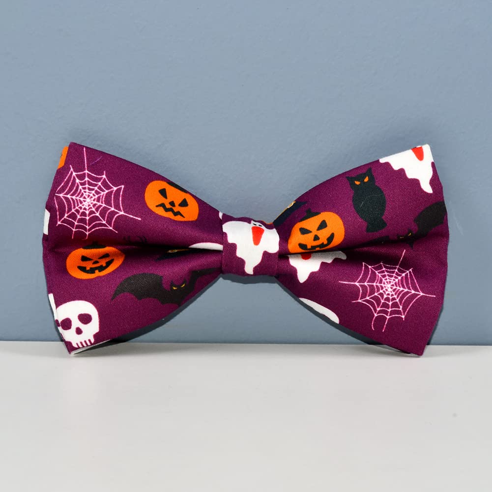 Nesttimes Halloween Bats,Ghosts,Black Cats And Pumpkins Dog Bow Tie Dog Collar,Detachable Bowtie, Adjustable Collar For Small Medium Large Dogs, L(14 --21'')