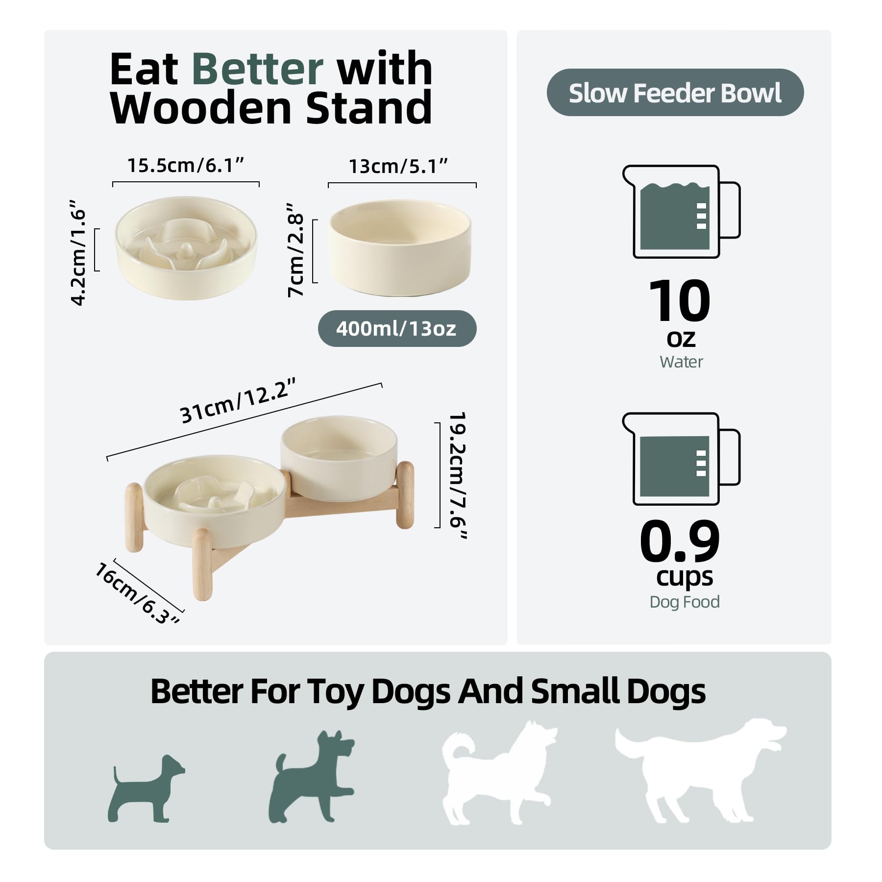 Havniva Ceramic 0.9 Cup Raised Slow Feeder Dog Bowl Set, Elevated 5.1inch Water Bowl and 6.1inch Puzzle Slow Pet Food Dish with
