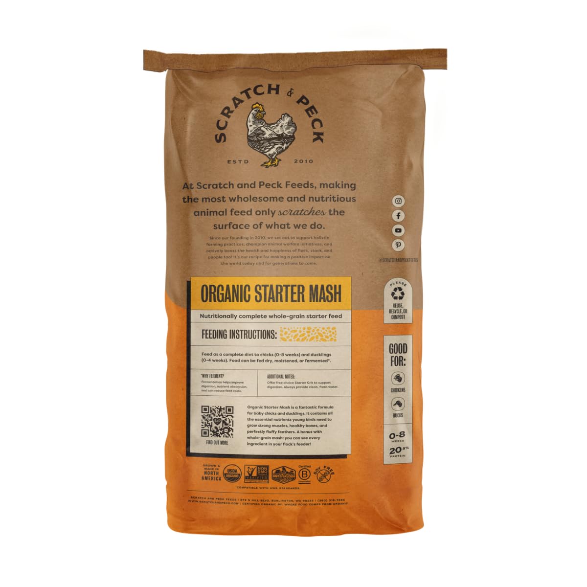 Scratch and Peck Feeds Whole Grain Starter Mash Chicken and Duck Feed - 40 lbs Bag - Corn-Free and Soy-Free - 20.5% Protein, Cer