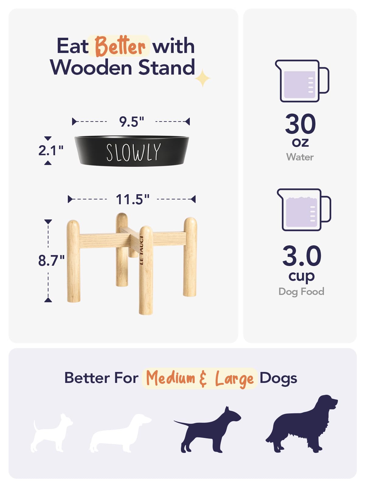 Ceramic Slow Feeder Dog Bowls Elevated, 3 Cups Raised Dog Bowl With Wooden Stand For Medium Large Breed, Dog Dishes To Slow Down