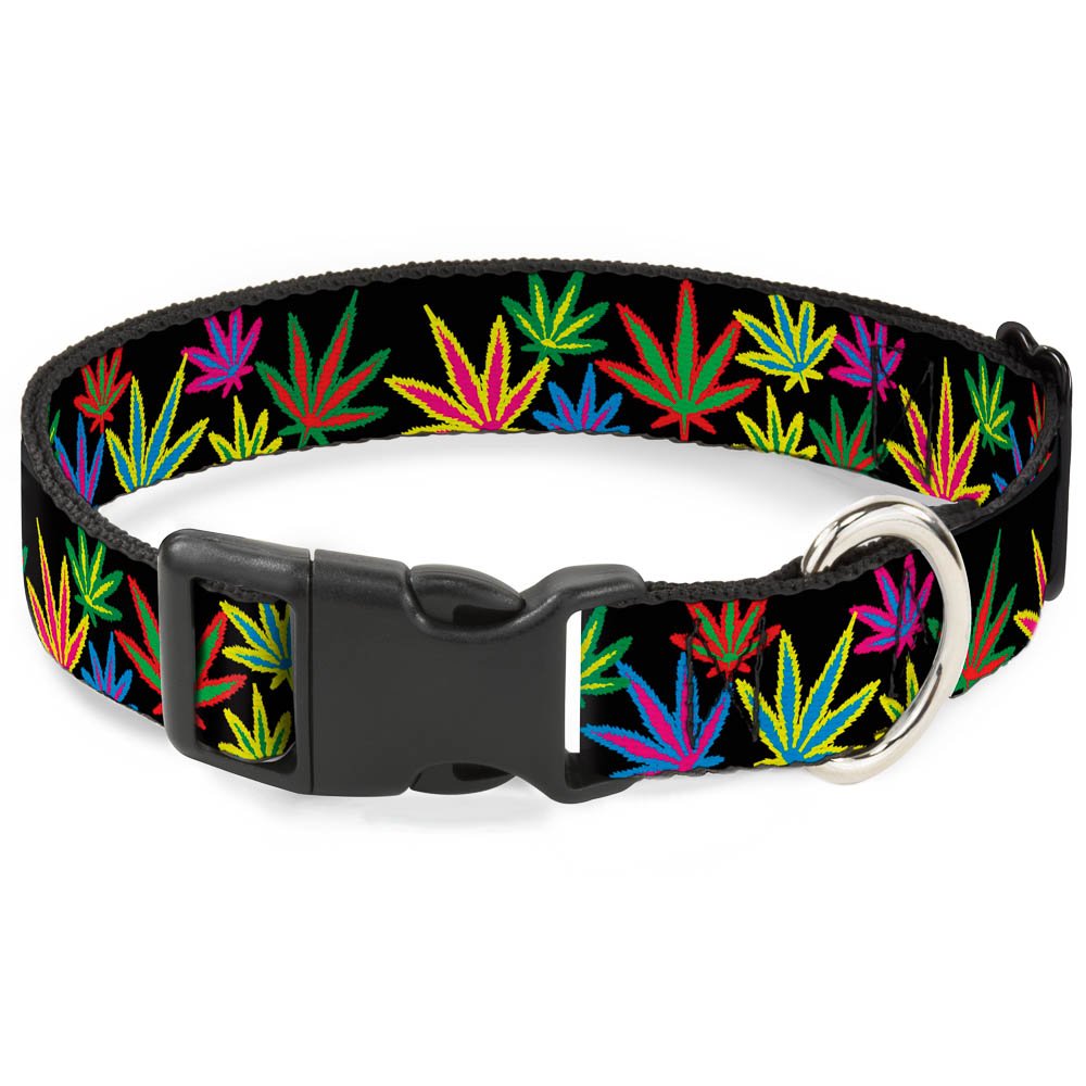 Plastic Clip Collar - Multi Marijuana Leaves Black Multi Color - Narrow-Small 6-9''