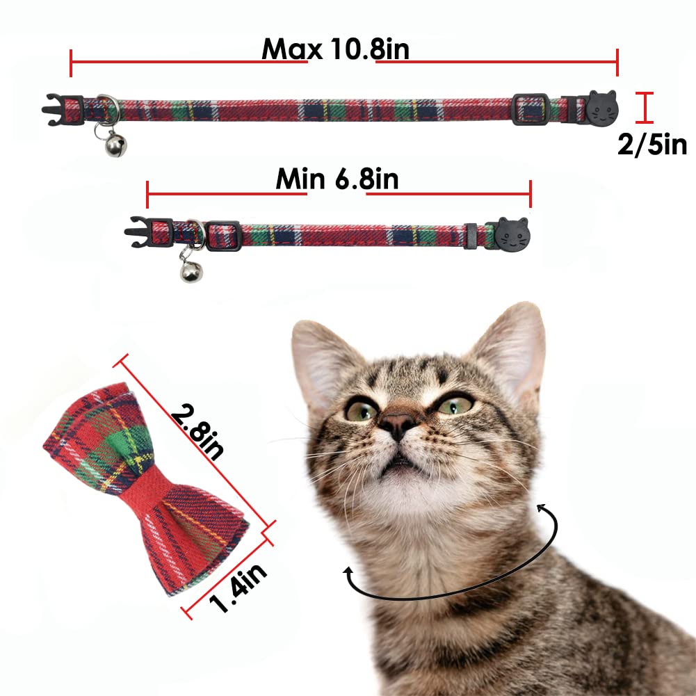 Cat Collar Breakaway With Bell And Bow Tie, Plaid Design Adjustable Safety Kitty Kitten Collars(6.8-10.8In) (Christmas Red)