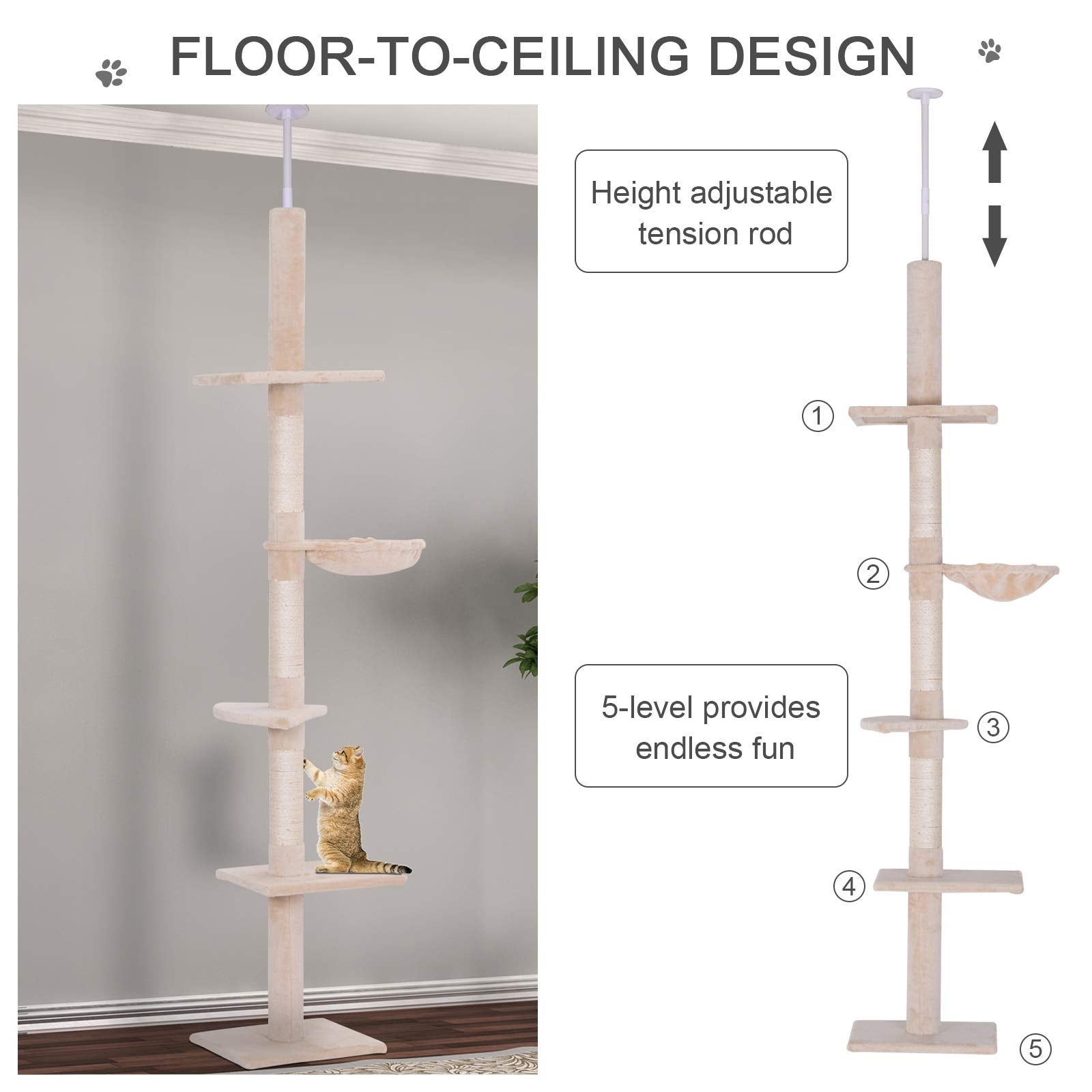 Pawhut 8.5' Adjustable Height Floor-To-Ceiling Vertical Cat Tree, Beige And White