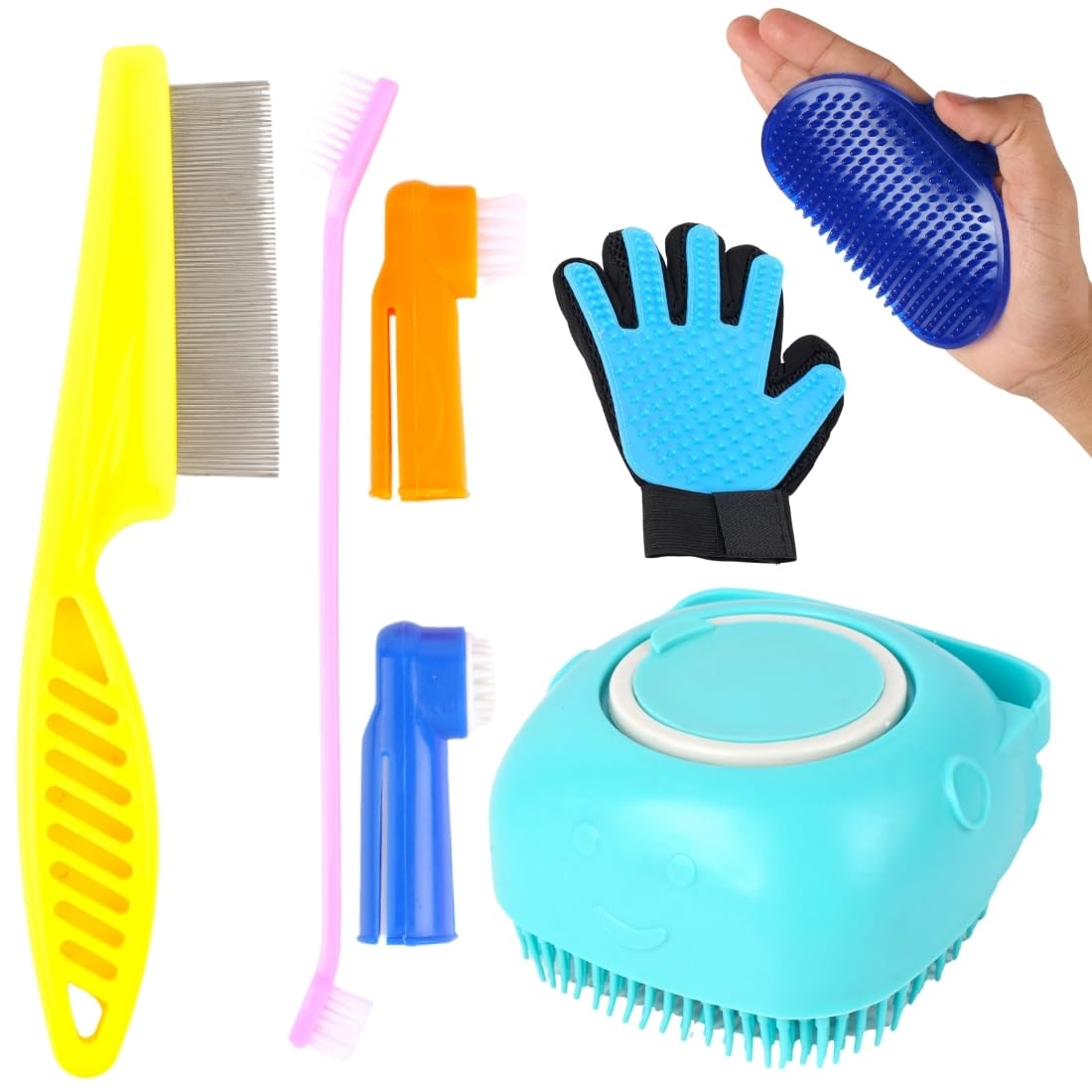 Pet Grooming Kit With Brush Set, Deshedding Glove, Metal Comb, Cleaning Tools For Dogs, Blue, 5 Piece Set